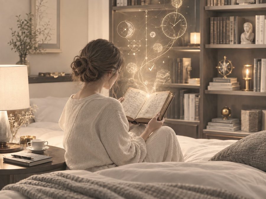 夜の書斎で本を読む人
