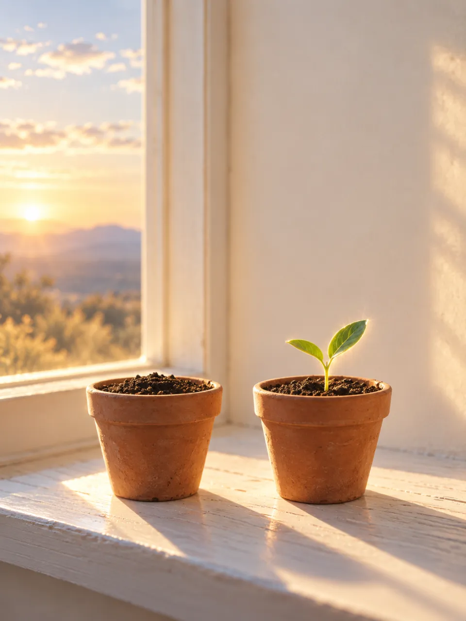 窓辺に並ぶ2つの鉢。片方だけに芽が出ている