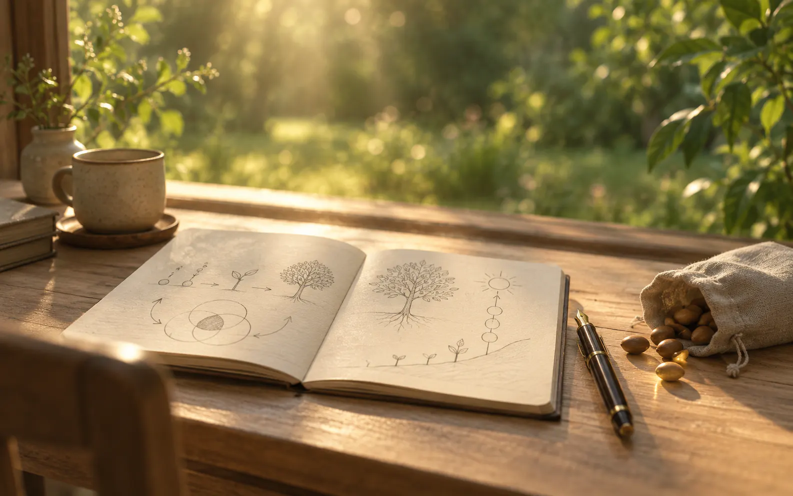 ノートに描かれた種から木への図と、こぼれた種